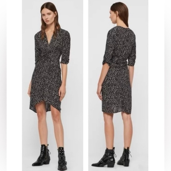 ALLSAINTS Josephine Waterleo Short Sleeve Ruched Leopard Print Mini Dress NEW - Picture 2 of 14